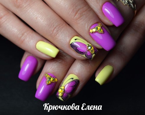 Маникюр фиолетовый с желтым