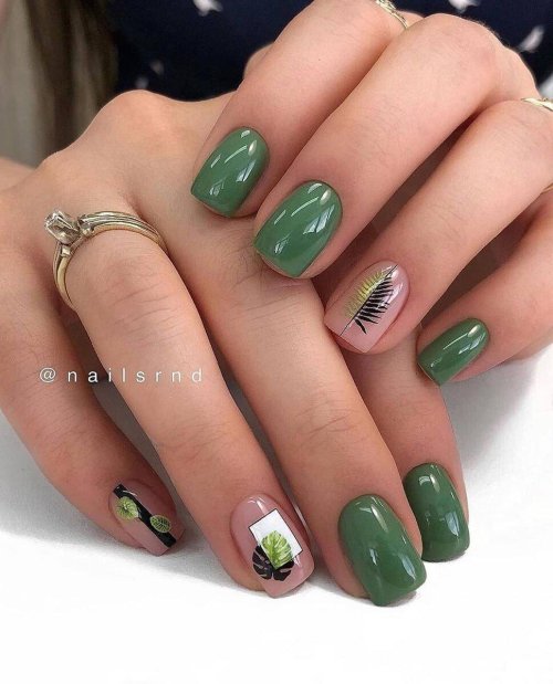 Маникюр зеленый с дизайном