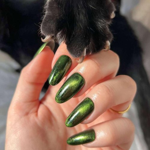 Зеленый маникюр кошачий глаз