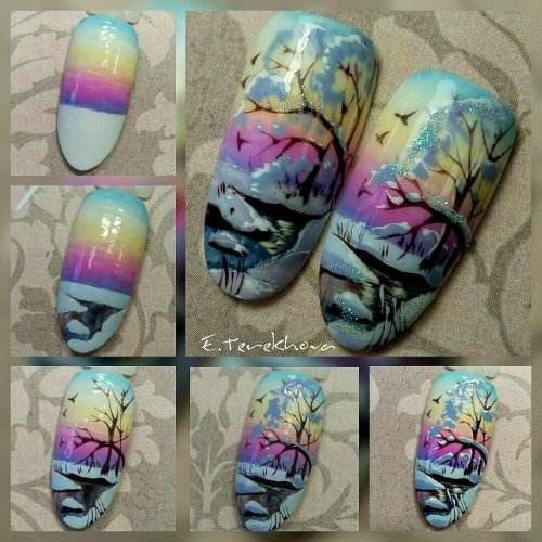 Рисунки акварелью на ногтях