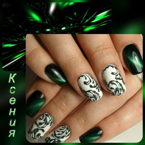 Зеленый маникюр кошачий глаз