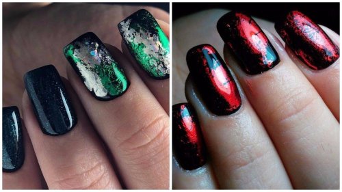 Маникюр черный с красной фольгой